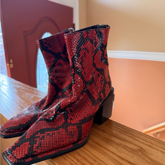 T by Alexander Wang Red and Black Snake Print Ankle Boots - Picture 2 of 7